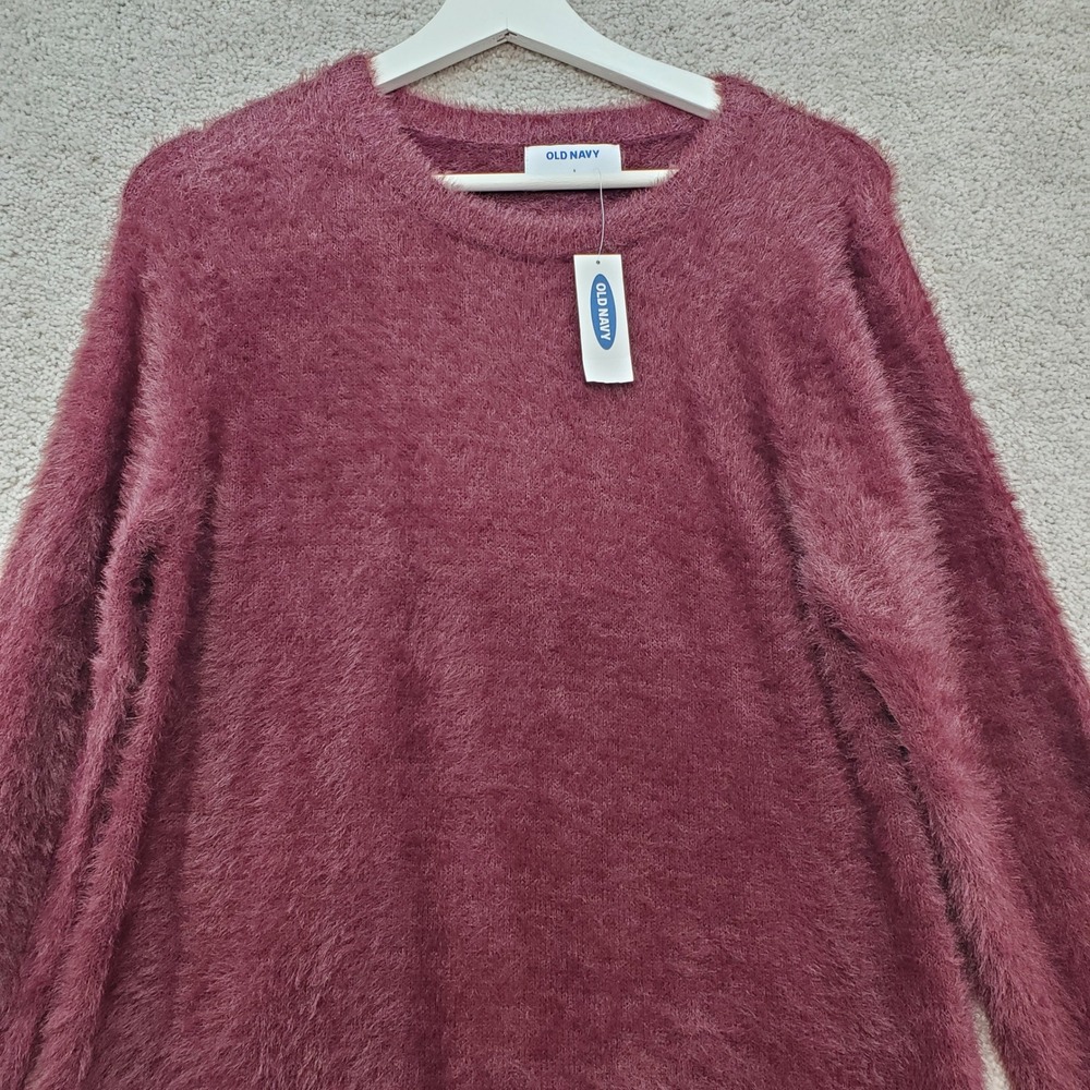 Old Navy Sweater Women S Burgundy Eyelash Knit Fuzzy Crewneck Pullover Slit Hem